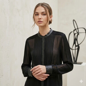 Haute Hippie 100% Silk Blouse S Leather Trim Tuxedo Pintuck Black Sheer Luxury